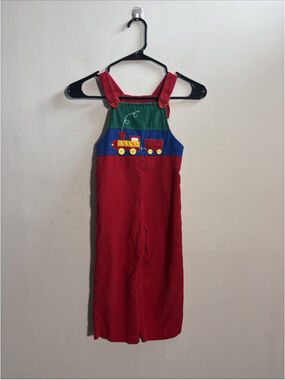 Vintage By Thomas Kids Corduroy Bib Overalls Applique Red Yellow Size 4 Trains